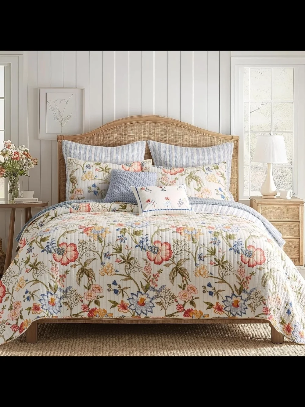 Floral Cotton Quilt Set in Blue and Cream - Brand: